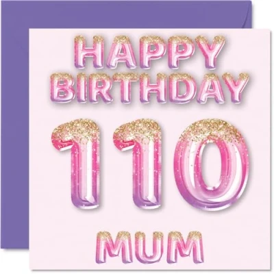 Imagen de Stuff4 Tarjeta de cumpleaños número 110 para mamá, globos con purpurina rosa y morada, tarjetas feliz madre años edad, hijo e hija, felicitación