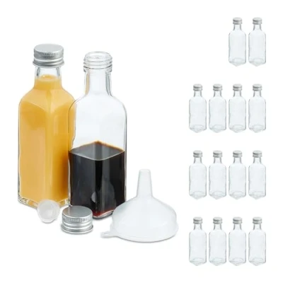 Imagen de Relaxdays Botellitas de Cristal, Mini Botellas para Rellenar, 50 ml, Tapa Rosca y Tapón, Transparente/Plateado, Pack 16
