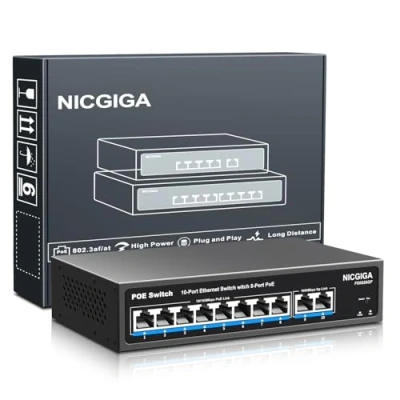 Imagen de conmutador PoE de 8 Puertos con PoE+ 100 Mbps a 120 W + 2 Enlace Ascendente Gigabit, Red NICGIGA 10 802.3af/at Power Over Ethernet no administrado