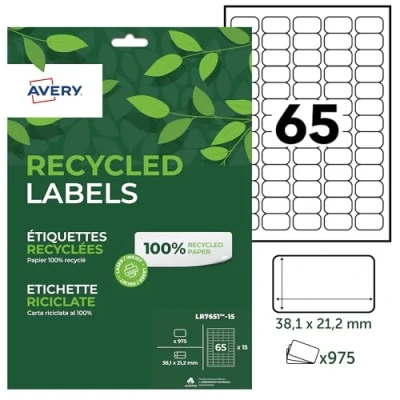 Imagen de AVERY 975 etiquetas, 100% recicladas, autoadhesivas, se pueden imprimir individualmente, formato 38,1 x 21,2 mm, impresión láser y de inyección tinta, (LR7651 15)