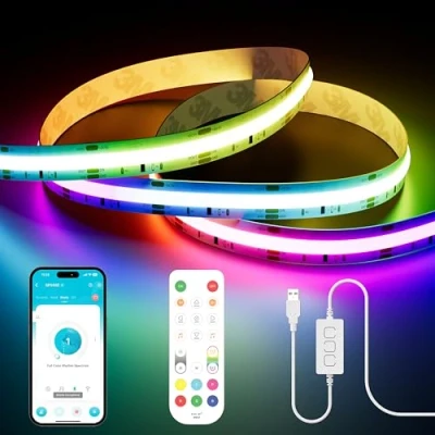 Imagen de PAUTIX 5V USB RGB Smart IC COB LED Tira 3m,1800LEDs direccionable de que cambia color,Funciona para Alexa/Google Assistant,Control Remoto RF TV fiesta Navidad decoración DIY