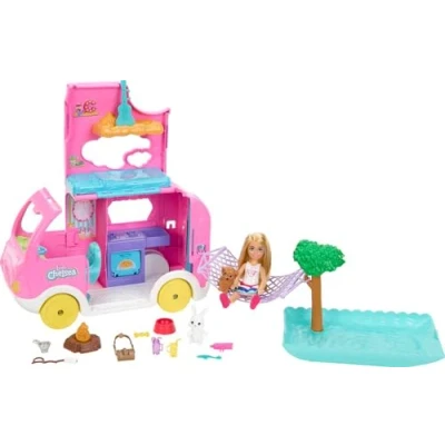 Imagen de Barbie Chelsea con Furgoneta Camper Muñeca Coche de Juguete Autocaravana y Accesorios, +3 años (Mattel HNH90)