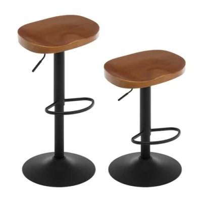 Imagen de WOLTU Taburetes Cocina, Juego de 2 Bar Giratorios, Sillines con Reposapiés, Altura Ajustable, sin Respaldo, Sillas Tocador, Asiento Madera, Base Metalico, Marrón, BH413br