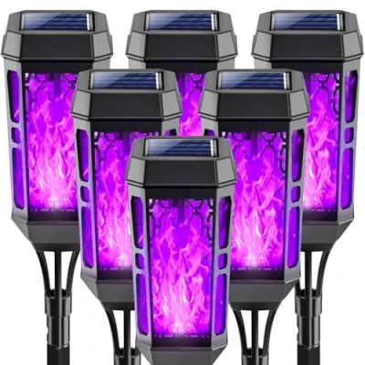 Imagen de Luces de llamas Solar Exterior,8 Piezas 12LED solares llama para exteriores impermeables,Jardin con danzante,Lámpara Antorcha (8) (Morado, 6)