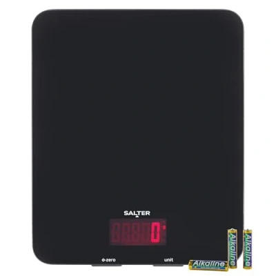 Imagen de Salter 1160 BKDR báscula de cocina digital electrónica alimentos, negro brillante ultrafino, pesaje preciso para cocinar/hornear en el hogar balanza, métrico e imperial, limpieza fácil