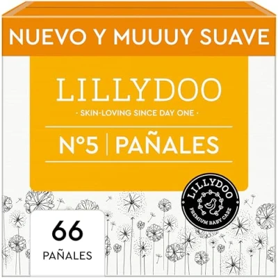 Imagen de Pañales LILLYDOO delicados con la piel talla 5 (11 16 kg), caja de medio mes (66 unidades), protección contra fugas, suaves, sin perfumes ni lociones y dermatológicamente probados