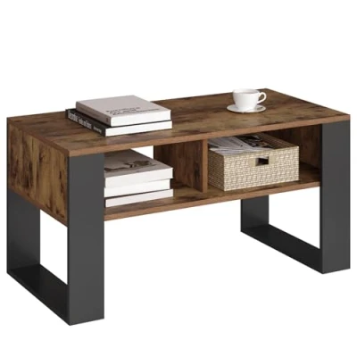 Imagen de WOLTU Mesa Centro Baja, Auxiliar con 2 Niveles, Mesita Lateral para Sofa, de Cafe Comportamientos, Pequela Salon y Dormitorio, Marrón Rústico+Negro, 90x45x45cm, BTS16hov