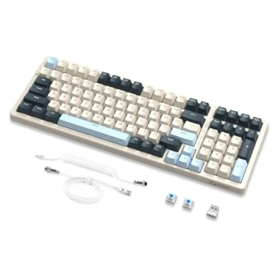 Imagen de MAMBASNAKE K8 Teclado mecánico Colorido de 3 Modo,QWERTY Layout Bluetooth/2.4G, para Juegos 19RGB con Cable en Espiral, Interruptor Azul Intercambio Caliente PC Blueberry