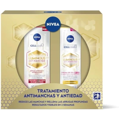 Imagen de NIVEA Cellular LUMINOUS 630 Pack Antimanchas Antiedad Tratamiento Avanzado, set de regalo con sérum facial (1 x 30 ml) y crema día FP50 40 para una piel uniforme luminosa