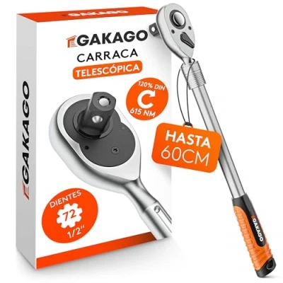 Imagen de Gakago Carraca telescópica de 1/2&quot; pulgada hasta 60 cm reversible extra larga con mango ergonómico Potencia superior más 615 Nm y engranajes precisos 72 dientes finos