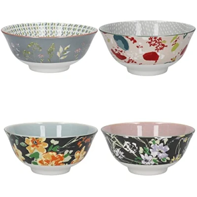 Imagen de KitchenCraft Juego de 4 cuencos cerámica esmaltada, diseño floral bohemio, 15,5 x 7,5 cm, en caja regalo, verde, gris, naranja, rosa