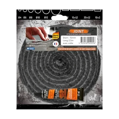 Imagen de PYRO FEU Junta refractaria 15mm x 2,5m + Tubo Pegamento, Fibra de vídrio, Negra, estandar
