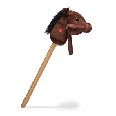 Imagen de Relaxdays Caballito de Palo, Caballo Juguete con Sonido, Madera y Peluche, Relincha Galopa, 1 Ud, 67 cm, Marrón, Color, estándar (10023851)