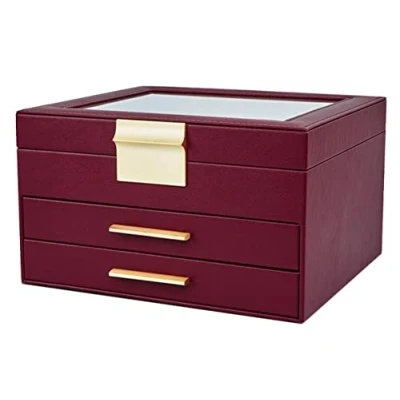 Imagen de Organizador De Joyas Joyero Caja Joyería Grande Cajón Espejo Para Mujer Estuche Almacenamiento Cuero PU Pendiente Anillo Collar Pulsera Reloj Joyeros ( Color : Wine re