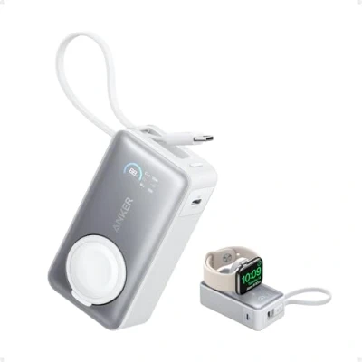 Imagen de Anker MagGo Power Bank para Apple Watch, Batería Compacta de 10.000 mAh con Certificación Oficial y Cable USB C Integrado, 35 W Máx., iPhone 16/15 Series, Samsung, iPad, AirPods Más