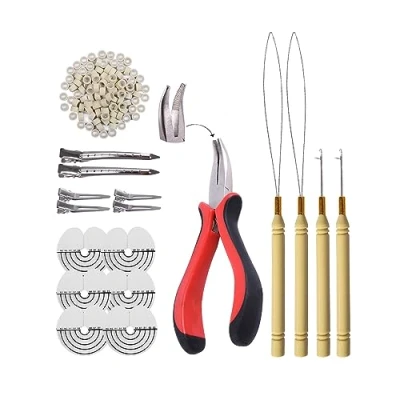 Imagen de Kit de herramientas extensión cabello 1pcs Alicates punta curva + 200pcs Anillos para el silicona Micro Links Beads 2pcs Agujas tirar del cabello(13#rubio)