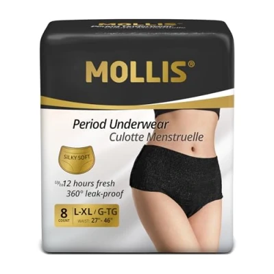 Imagen de MOLLIS Bragas Menstruales Desechables Postparto para Mujeres, Alta absorción, Control de olores, Suaves y transpirables, Absorción ultra rápida, Negras, Talla L/XL, 8 Unidades