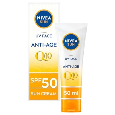 Imagen de NIVEA crema solar facial UV Face SPF50 Q10 antiedad con 0% de residuos blancos (50 ml), Q10, SPF50, el embalaje puede variar