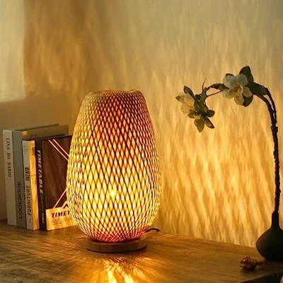 Imagen de GUANSHAN Lámpara de mesa tejida bambú Pantalla Iluminación decorativa Luz noche para dormitorio, sala estar, interruptor regulable, estilo 2