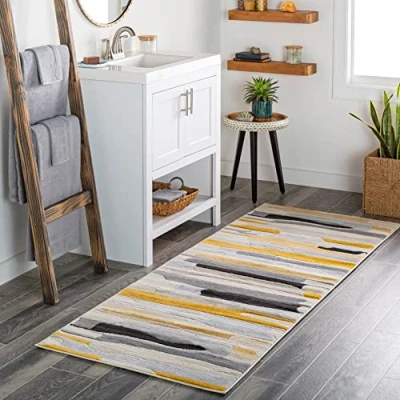Imagen de Surya Alfombra Geométrica Atlanta de Pasillo para Cocina, Entrada Abstractas Estilo Bohemio, Fácil Cuidar Larga 80x220cm, Mostaza, Gris, Beige