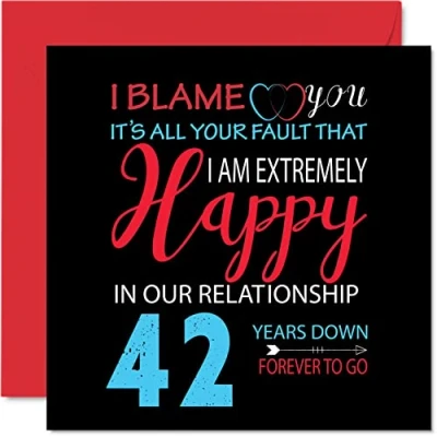 Imagen de Divertida Tarjeta de 42 aniversario para marido y esposa Your Fault I&#039;m Extremely Happy felicitación boda pareja, tarjetas 145 mm x