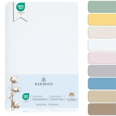 Imagen de BARBONS Juego de Sábanas Bajeras para Cuna 60x120 / 70x140 Algodón 100% Certificado Oeko Tex Ajustables y Transpirables Ideal el Descanso Natural tu Bebé Blanco 60 x 120 cm 70 140