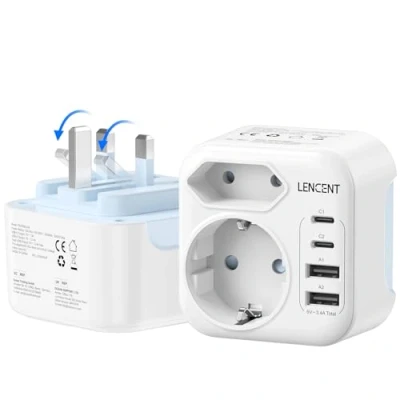 Imagen de LENCENT Adaptador Enchufe Reino Unido, Cargador Inglaterra Viaje con 2 USB C y A, Europa Portugal a UK Compacto Plegable para Escocia, Irlanda, Gales, Maldivas, Gran Bretaña, Tipo G