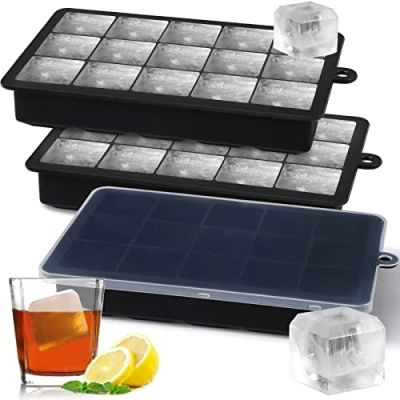 Imagen de 3 Piezas Cubiteras para Hielo Silicona con Tapa,Bandejas de Cubitos Cuadrados Grandes 3,5cm, 45 Cubos Moldes,para Cócteles,Whisky,Vino,Frutas,Puré Frutas