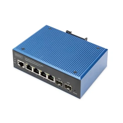 Imagen de DIGITUS Conmutador de Red PoE 6 Puertos Gigabit Ethernet 4X RJ45 + 2X SFP IP40 L2 gestionado 10/100/1000 Mbit/s Montaje en Carril DIN Serie Industrial Negro/Azul