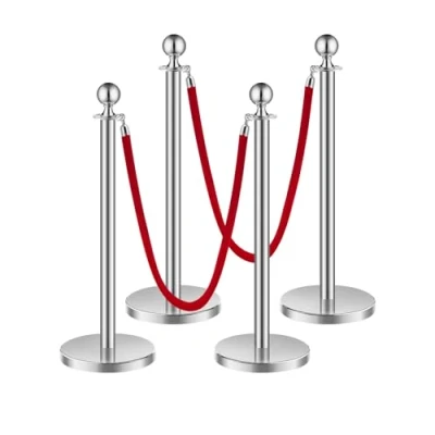 Imagen de VEVOR 4 PCS Poste de Estaca Acero Inoxidable 1,5 m con Base Hueca Inyección Arena y 2 Cuerdas Terciopelo Rojo, Barreras Control Multitudes para Teatro, Fiesta, Boda, Plateado