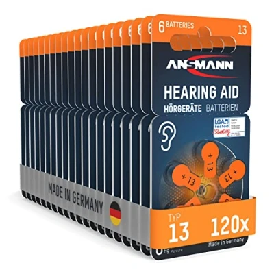 Imagen de ANSMANN Pilas para audífonos Tipo 13 Naranja P13 PR48 ZL2, 120 Unidades, Fabricadas en Alemania, Paquete de Ahorro, y audífonos, fácil agarrar