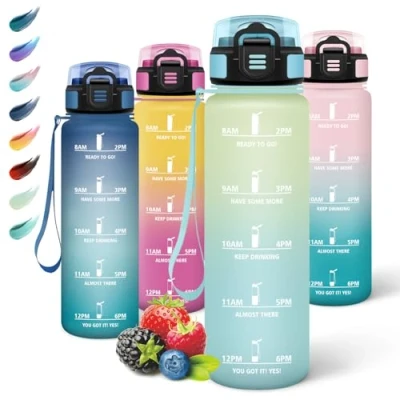Imagen de Motswedi Botella Agua Gimnasio, 1L sin BPA, Agua, Reutilizable, con Marcador de Tiempo, Cantimplora para Oficina, Escuela, Azul Claro Blanquecino