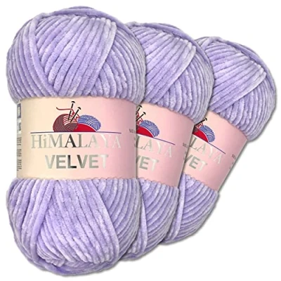 Imagen de Wohnkult Himalaya 3 x 100 g Velvet Dolphin tejido de lana, 40 colores para elegir, hilo tejer chenilla, lana esponjosa, brillo, accesorio, ropa, mantas (90005, lila)