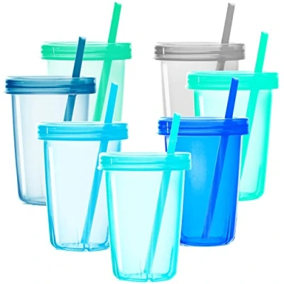 Imagen de Youngever 7 juegos de vasos plástico para niños con tapas y popotes, reutilizables pequeños pajitas en colores costeros