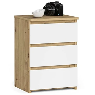 Imagen de AKORD Mesita de Noche CL 3 con cajones Sala Estar, Dormitorio, Armario, Oficina y Estudio Diseño Moderno Funcional 35 x 40 57 cm, 26 kg Color Blanco Roble Artisan