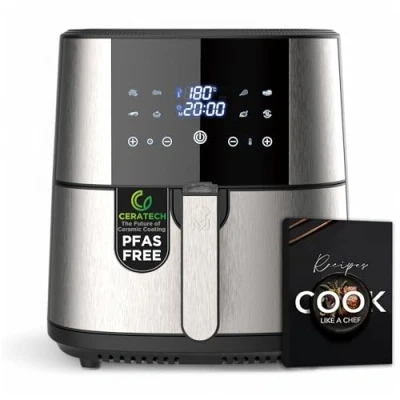 Imagen de MasterPRO ROCKET 600 Freidora de aire caliente 6L SIN PFAS 1800W con Revestimiento Cerámico CERATECH Pantalla táctil LED Termostato desde 80 200C Cesta extraíble Carcasa Acero Inoxidable