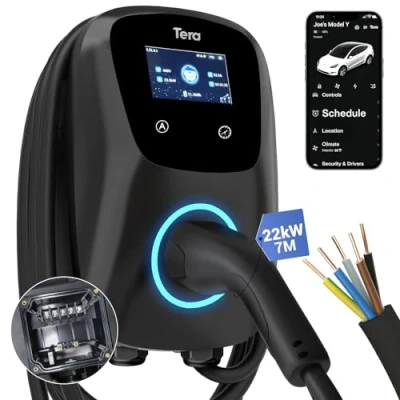Imagen de Tera Cargador EV Smart App con 32 A Tipo 2 22 kW, estación de Carga doméstica, 400 V, CE y TÜV, 7 m, Cable Soporte Carga, Control aplicación, para Todos los vehículos eléctricos