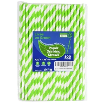 Imagen de Lives on Green Pajitas desechables de papel 19,7 x 0,6 cm, a rayas, verde/blanco, 100 unidades, ecológicas y compostables