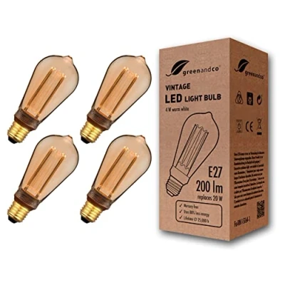 Imagen de greenandco 4x Bombilla LED decorativa estilo vintage E27 ST64 4W 200lm 1800K 320 230V, dorado, sin parpadeo, no regulable