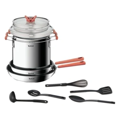 Imagen de Tefal OptiSpace Juego de 2 Sartenes, 3 Ollas + tapas Acc: 18/20, olla pasta, sartenes 24/28 cm acero inoxidable, planas, 5 accesorios cocina