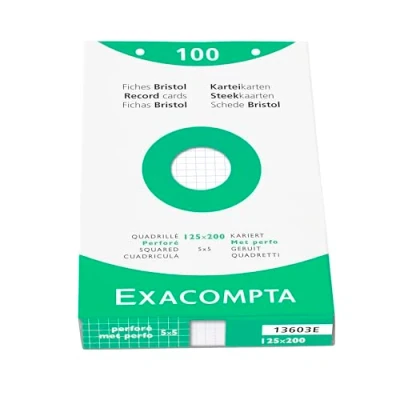 Imagen de Exacompta Ref. 13603E Caja de 12 cajas 100 enchufes Bristol cuadrilados 5x5 perforados formato 125 x 200 mm compatible con impresora inyección tinta, láser y fotocopiadora blanco