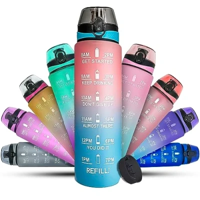 Imagen de K MART Botella de agua deportiva 1 litro con marcador tiempo motivacional, apta para lavavajillas, a prueba fugas, sin BPA, no tóxica, correr, ciclismo, gimnasio, escuela y oficina (gris