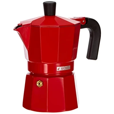 Imagen de Monix M281703 Cafetera Italiana de Aluminio, 3 Tazas, Color Fresa, Apta para Todo Tipo encimeras, Excepto inducción, 9 cm