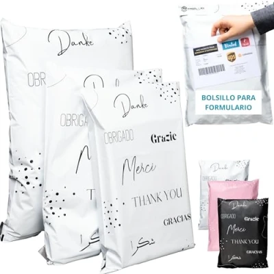Imagen de 60 Bolsas Envio con bolsa portadocumentos 3 Tamaños M/L/XL 100% OPACO/ULTRA RESISTENTE/IMPERMEABLE Sobres Plastico Envios Paquetes de Ropa Cajas Packaging
