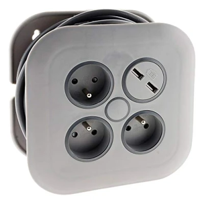 Imagen de Zenitech Carrete para casa, 3 tomas 2P+T 16A + interruptor de circuito 2x USB, color gris 7 metros