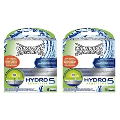 Imagen de Wilkinson Sword Hydro 5 Sensitive Recambio de Cuchillas Afeitar Hojas para Hombres con Piel Sensible, Banda Lubricante Extra Hidratante, Pack 16 Unidades, color Verde