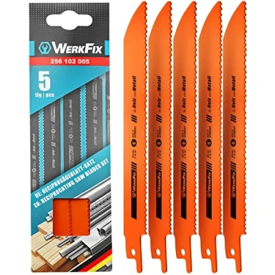 Imagen de WERKFIX hojas de sierra calar/MADE IN GERMANY/para madera y metal. Juego 5 sable (Bosch, Black Decker, Einhell, Makita, etc.). Cuchillas para cortes rápidos HSS Bi 150 mm.