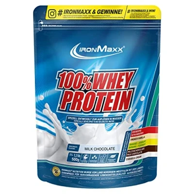 Imagen de IronMaxx 100% proteína de suero en polvo Chocolate bolsa 500g a base leche reducida azúcar, soluble agua muchos sabores diferentes
