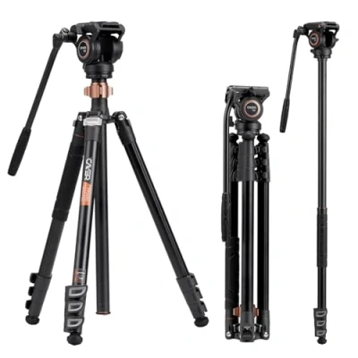 Imagen de Cayer FP2450 trípode de cámara vídeo, Profesional 75 Pulgadas con Cabezal vídeo Arrastre Fluido, Compacto Aluminio 4 Secciones, Convertible a monopod para