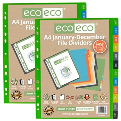Imagen de eco eco082x2 Separadores de archivos, tamaño A4, 50% reciclado, multiperforación, reforzado, color enero a diciembre, 2 unidades, 200 micras